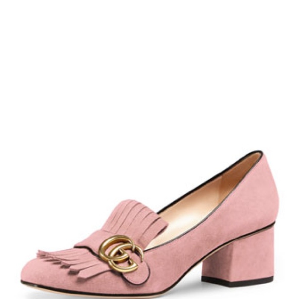Size 39 Crystal pink Gucci Marmont suede loafers.